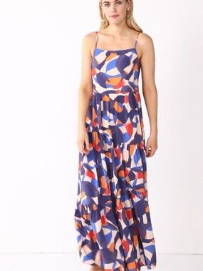 Nine West Navy Abstract Tiered Maxi Dress with Coral & White Accents